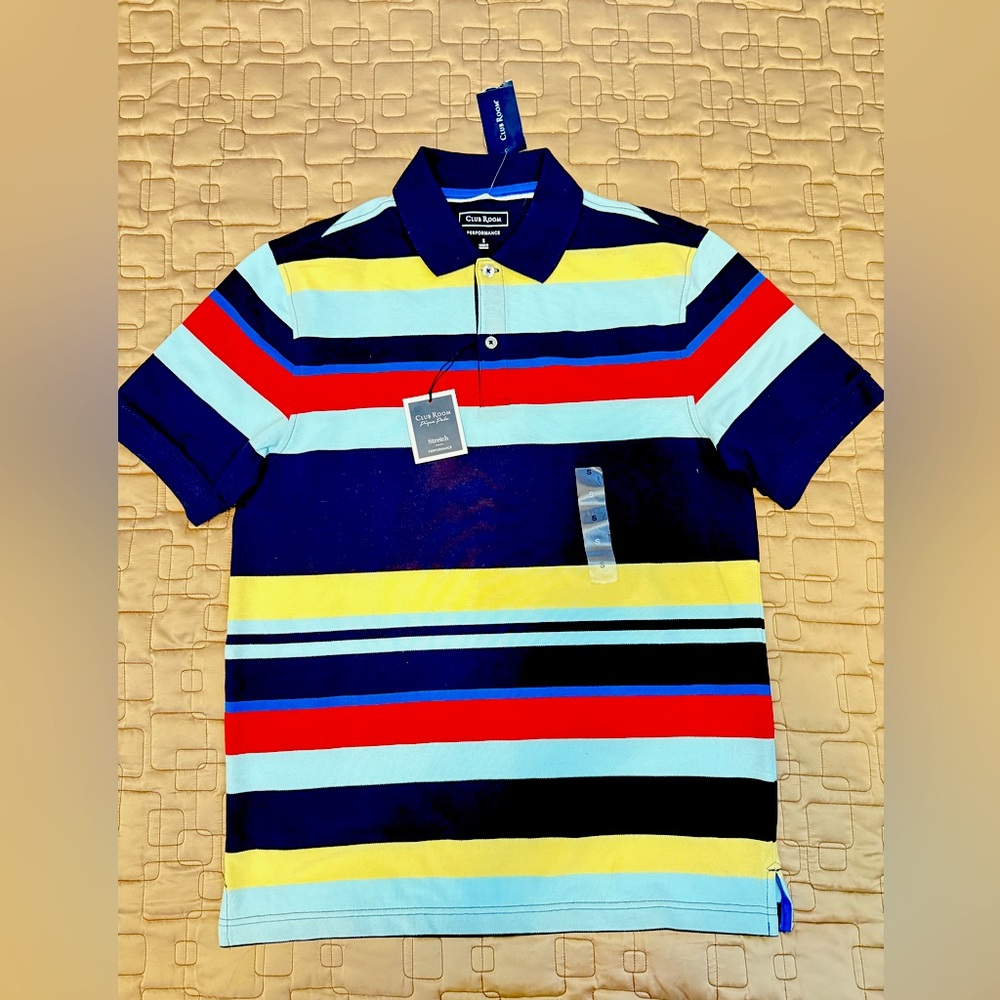 Club Room Men’s Blue & Red Striped Polo Shirt - Size S |